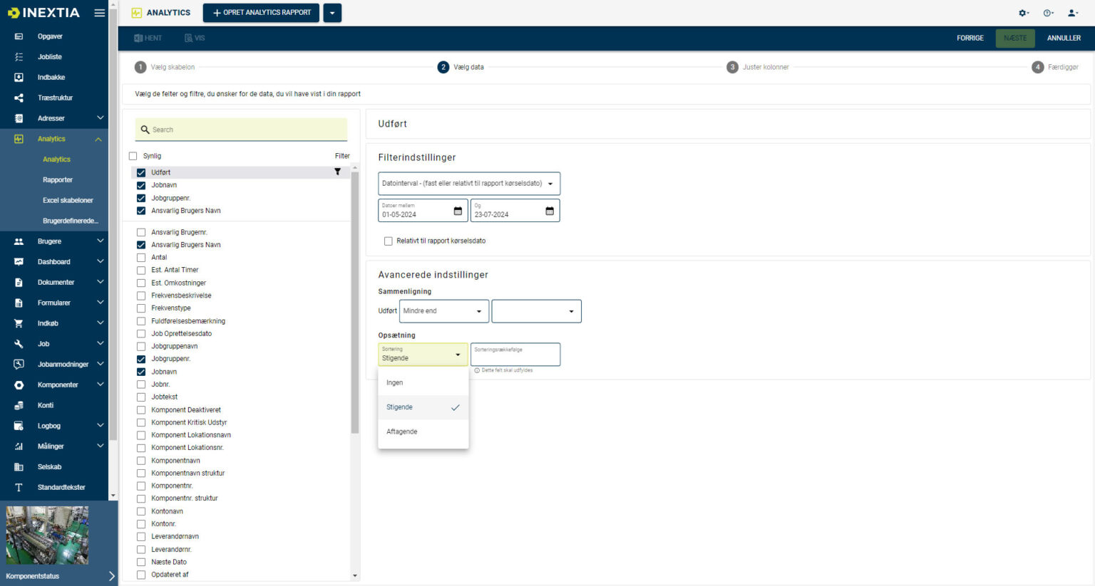 Skærmbillede af INEXTIA Analytics modul