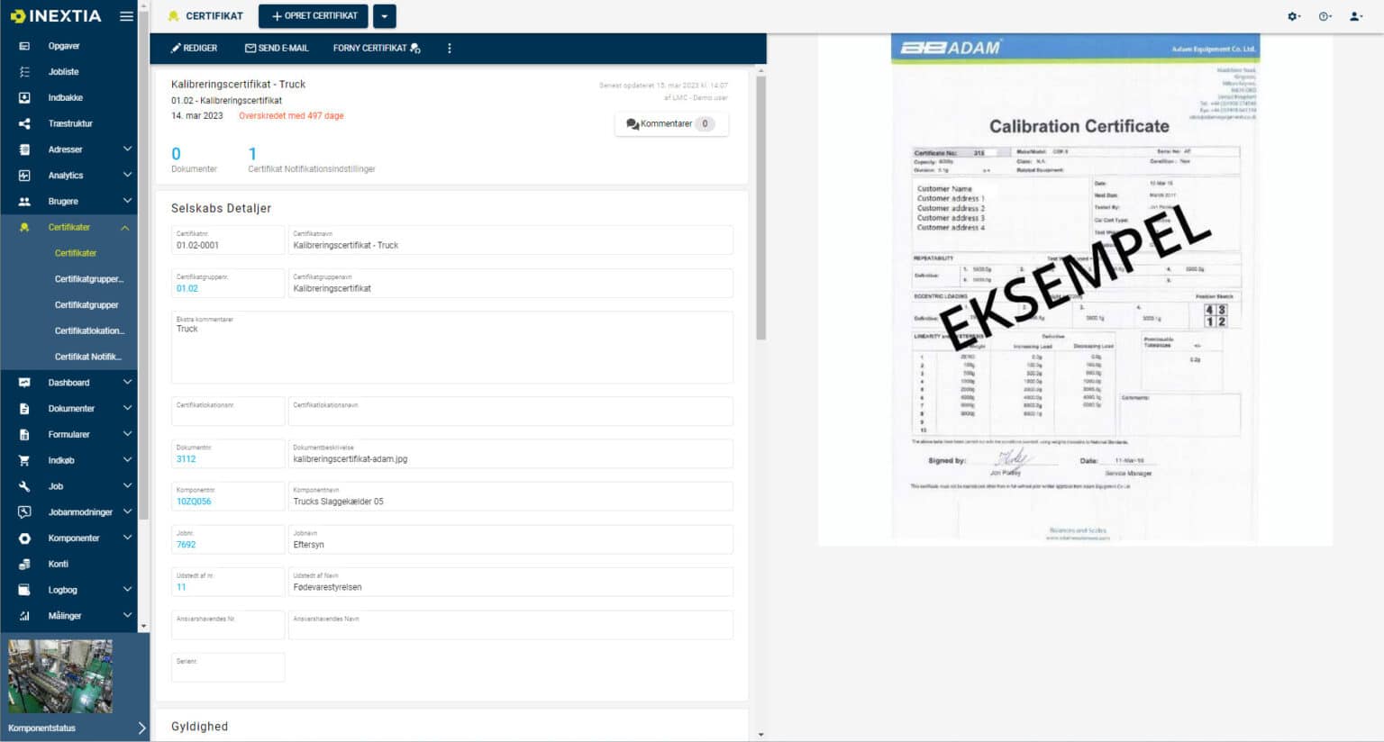 Skærmbillede af INEXTIA certifikat modul