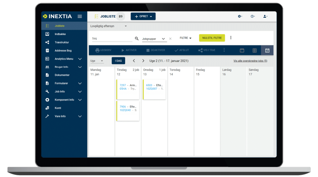 Skærmbillede af INEXTIA jobliste kalendervisning