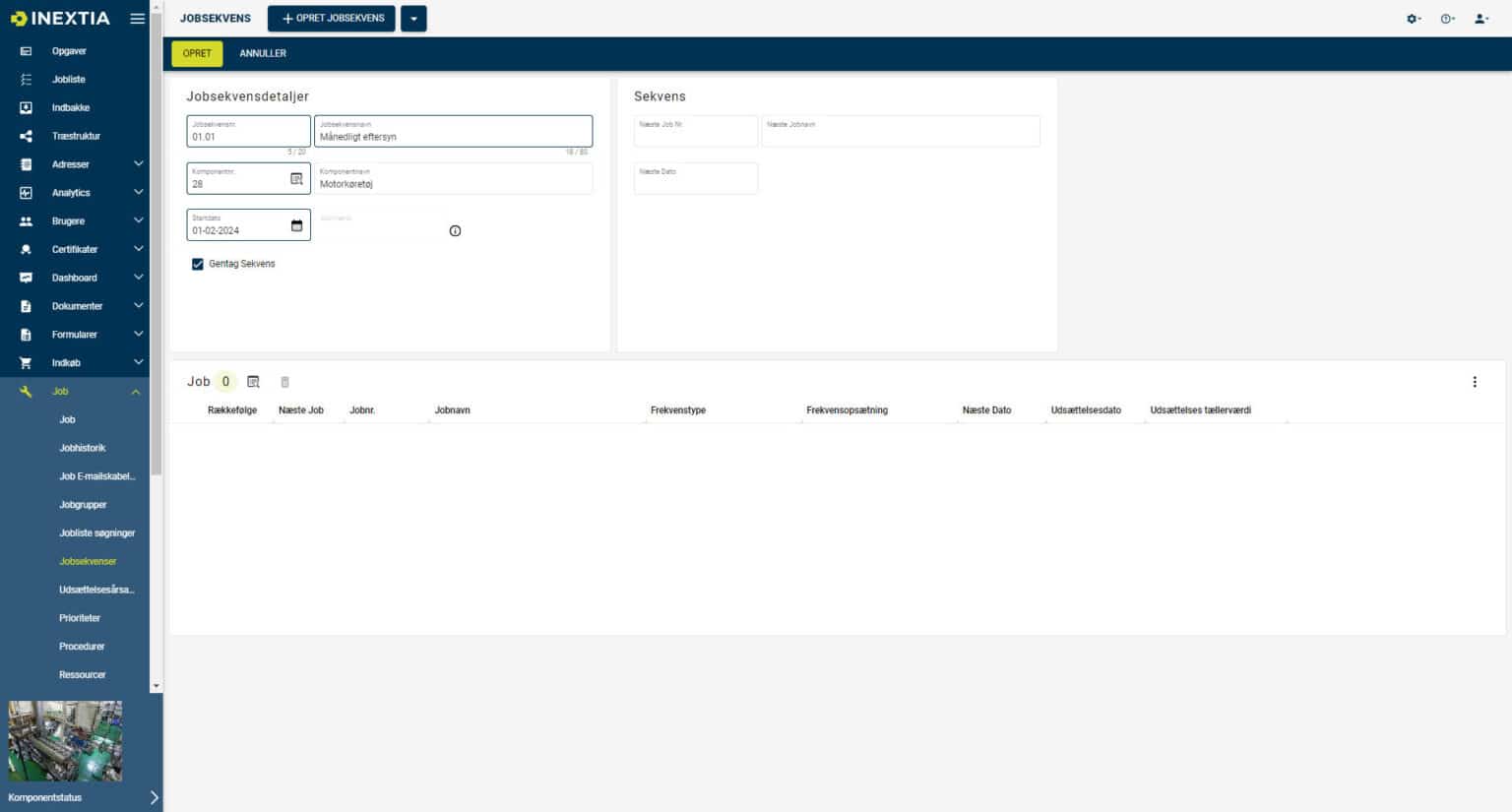 Skærmbillede af INEXTIA jobsekvens modul