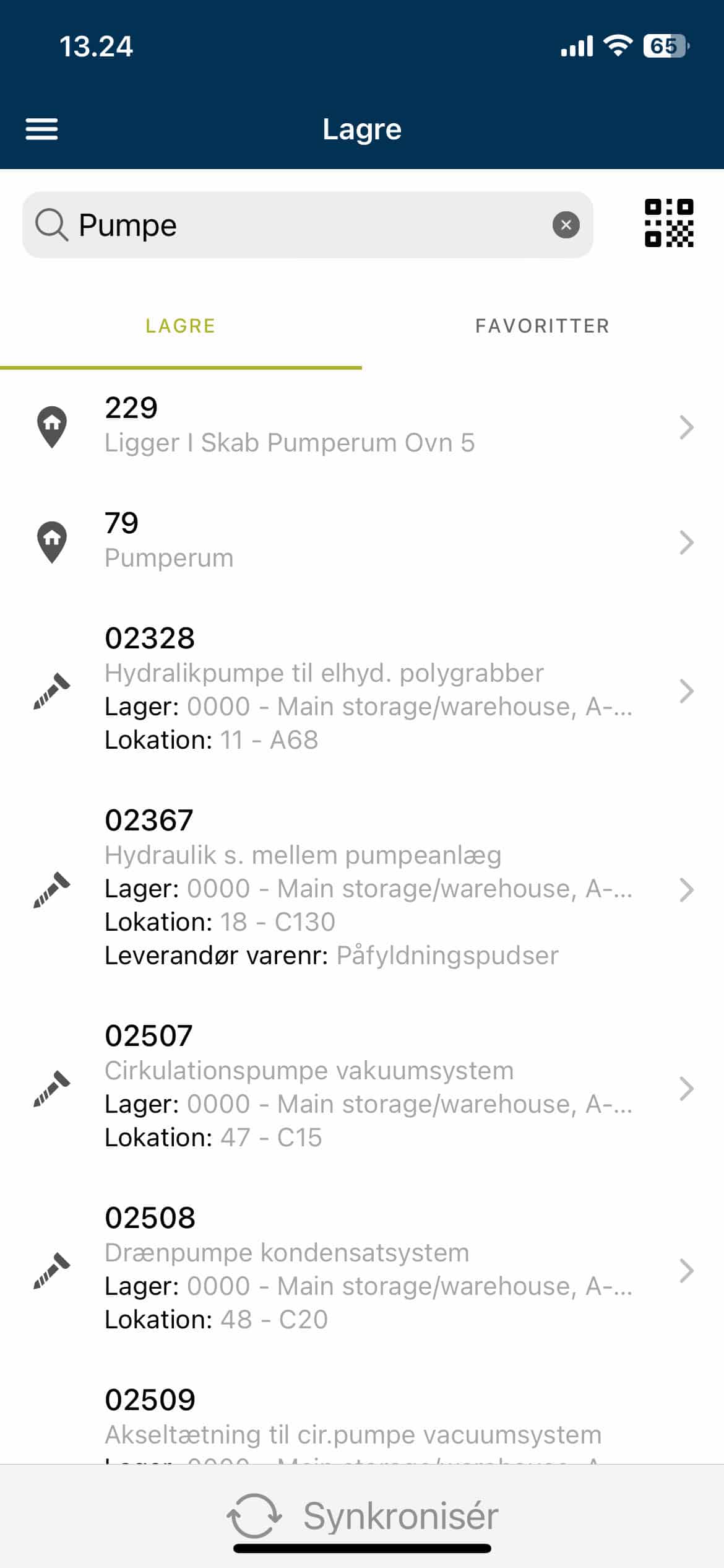 Skærmbillede på telefon af INEXTIA lager app modul