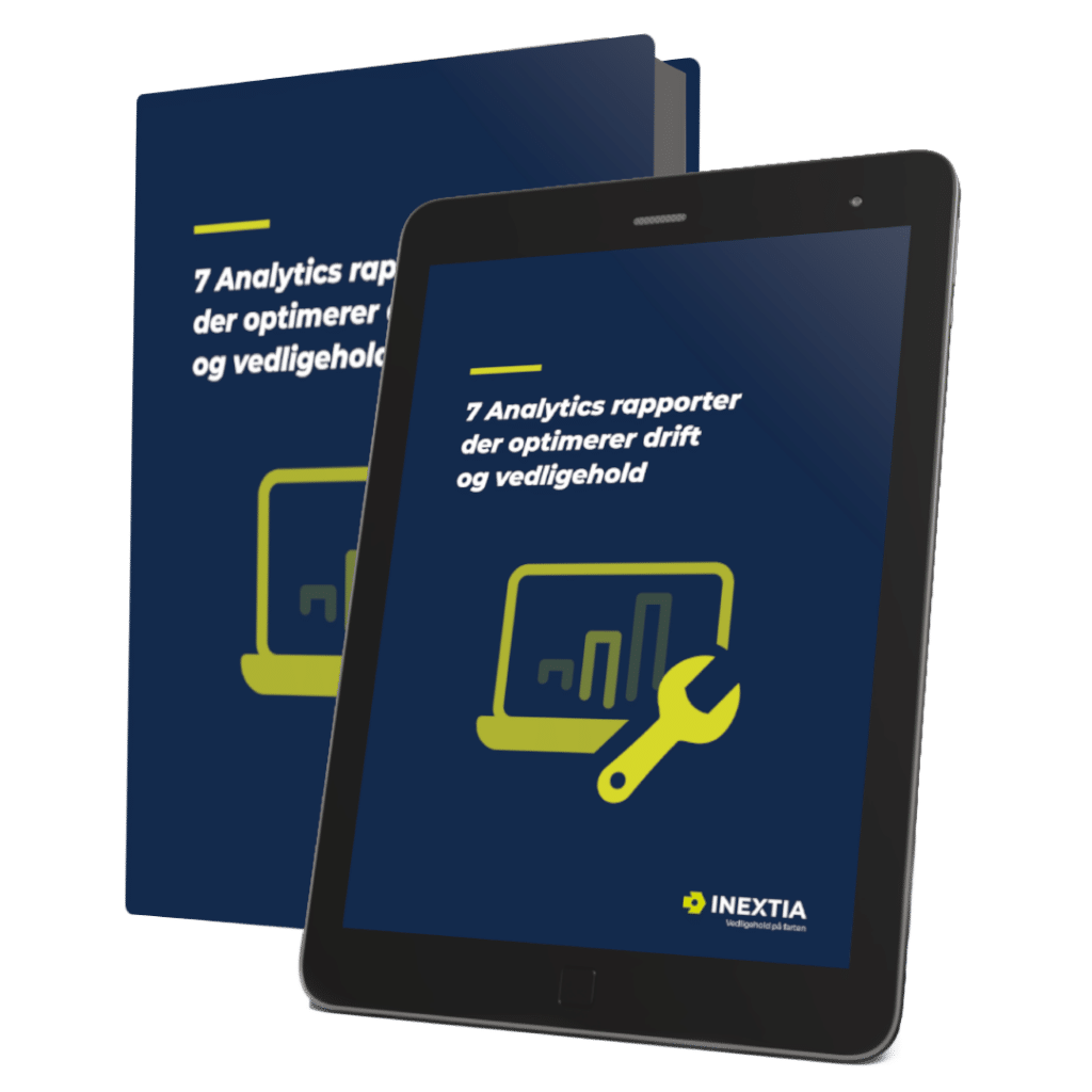 Billedet viser et katalog og en tablet, begge med forsiden af et katalog med titlen "7 Analytics rapporter der optimerer drift og vedligehold" Nederst er INEXTIA's logo synligt.