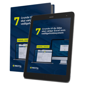 Billedet viser et katalog og en tablet, begge med forsiden af et katalog med titlen "7 Grunde til du ikke skal vælge Excel som vedligeholdssystem" Nederst er INEXTIA's logo synligt.