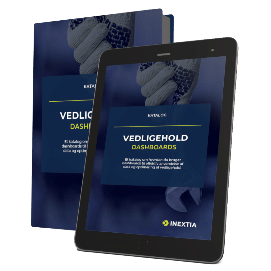 Billedet viser et katalog og en tablet, begge med forsiden af et katalog med titlen "VEDLIGEHOLD DASHBOARDS." På forsiden står der: "Et katalog om hvordan du bruger dashboards til effektiv anvendelse af data og optimering af vedligehold." Øverst står der "KATALOG," og nederst er INEXTIA's logo synligt. Baggrunden viser en hånd i en arbejdshandske, der holder et værktøj.