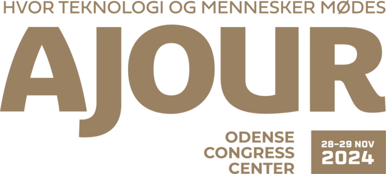 Logo for Ajour 2024 med teksten "HVOR TEKNOLOGI OG MENNESKER MØDES" øverst. Nederst til højre står der "ODENSE CONGRESS CENTER" og datoerne "3-24 NOV 2023". Farveskemaet er i en metallisk bronze eller guld.