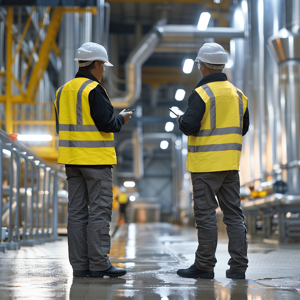 To industrimedarbejdere med sikkerhedshjelm og sikkerhedsvest. Står i industrielt miljø med deres tablets.