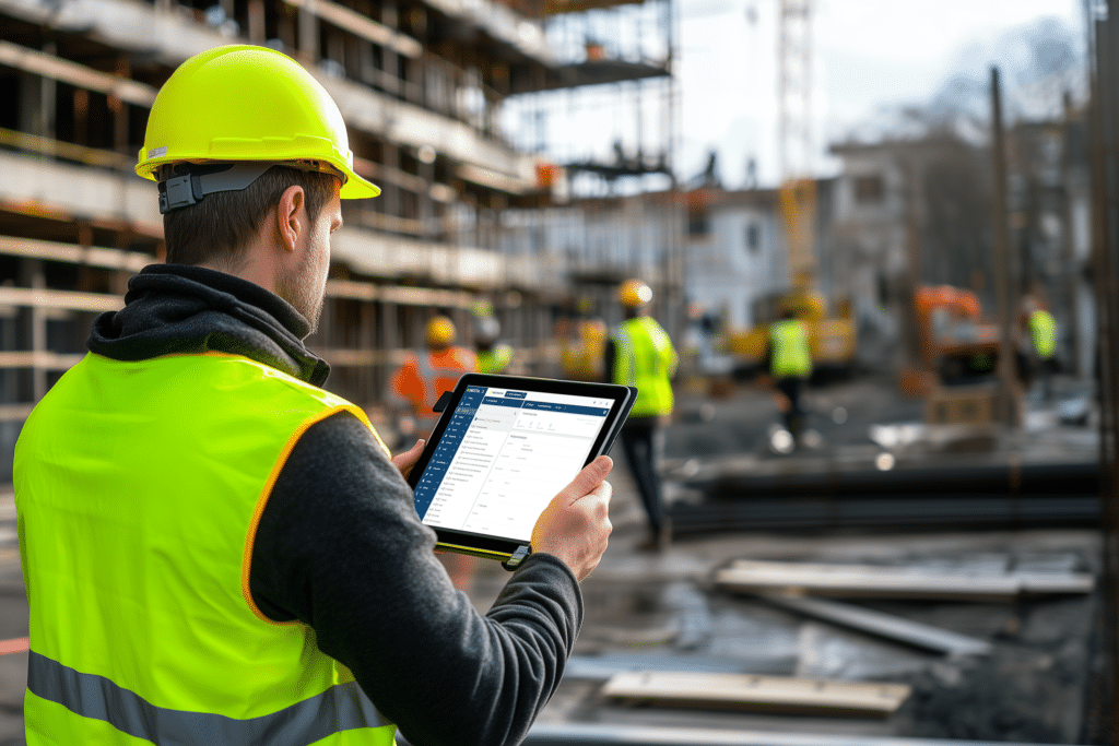 Maintenance worker at a construction site doing a survey