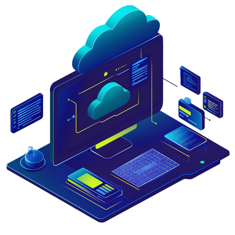 Illustration af en computeropsætning med et sky-symbol. Skærmen viser en cloud-baserede dataoverførsel, mens tilbehør som en tastatur, mus og mapper er synlige på skrivebordet.