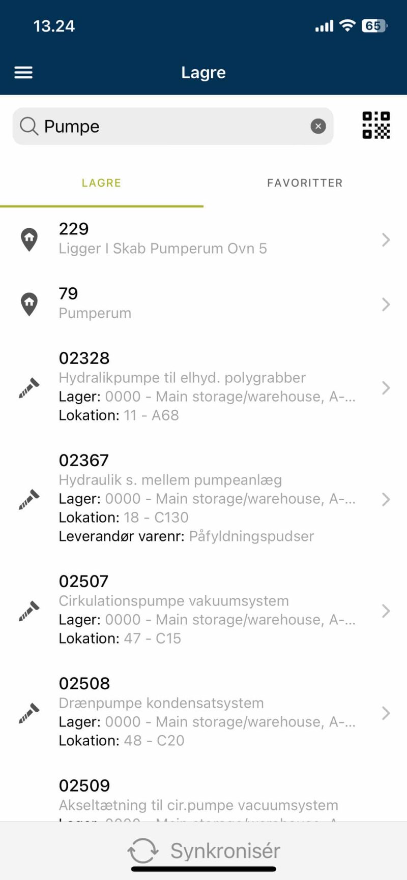 Skærmbillede på telefon af INEXTIA lager app modul